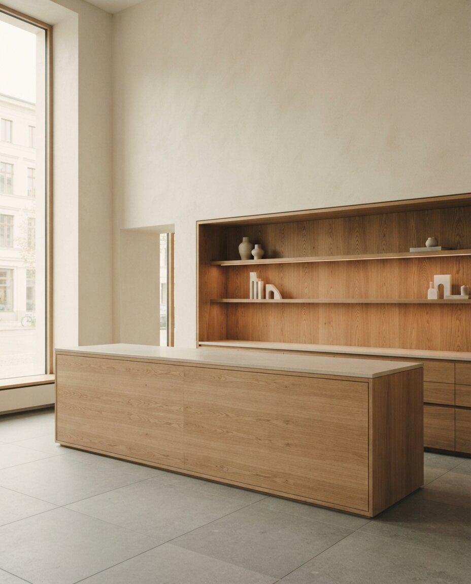 Lange Theke aus Eiche mit Regalrückwand in einem hellen Foyer