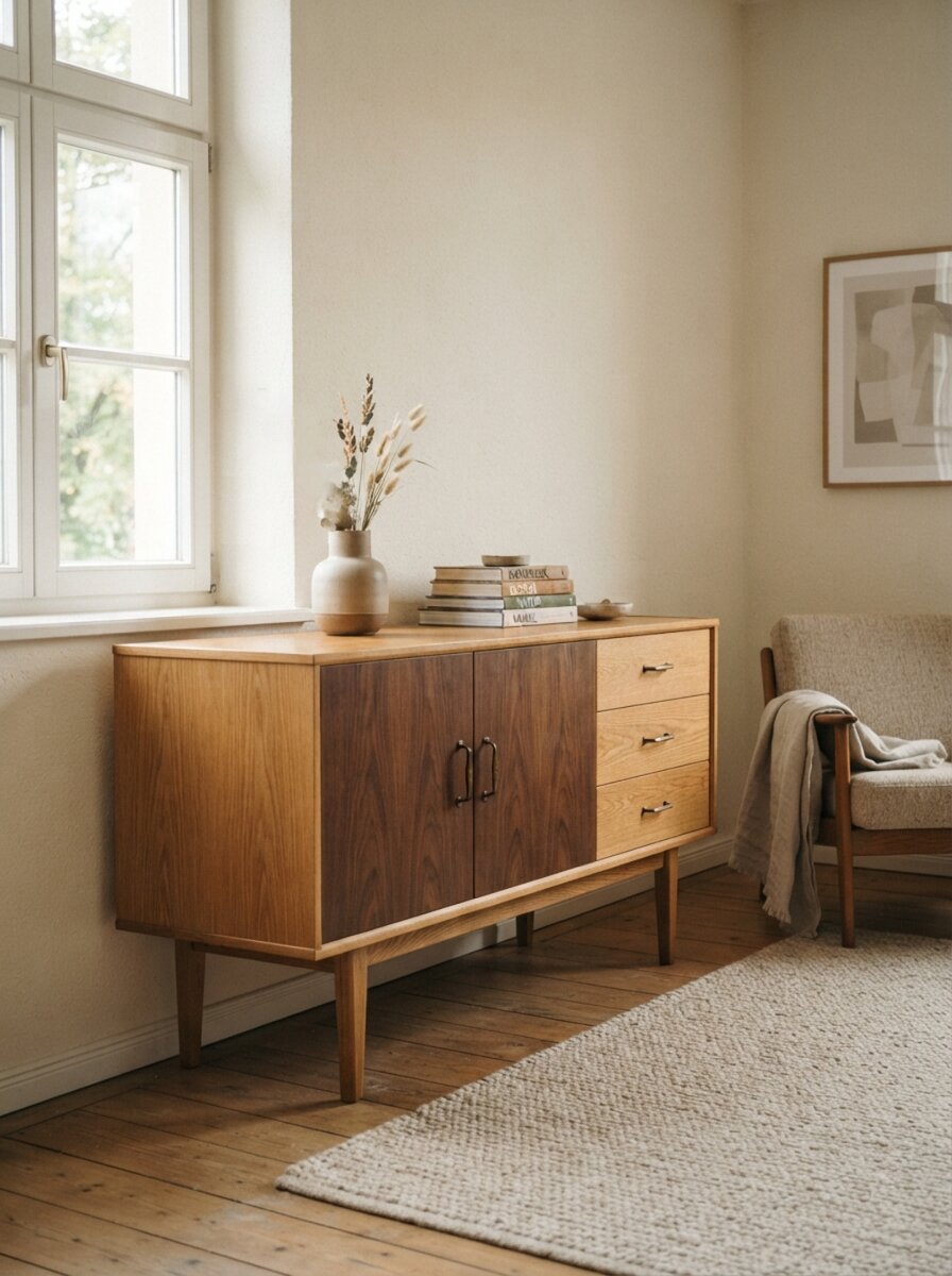 Aufgearbeitetes Sideboard aus Eiche und Nussbaum in einem hellen Wohnraum